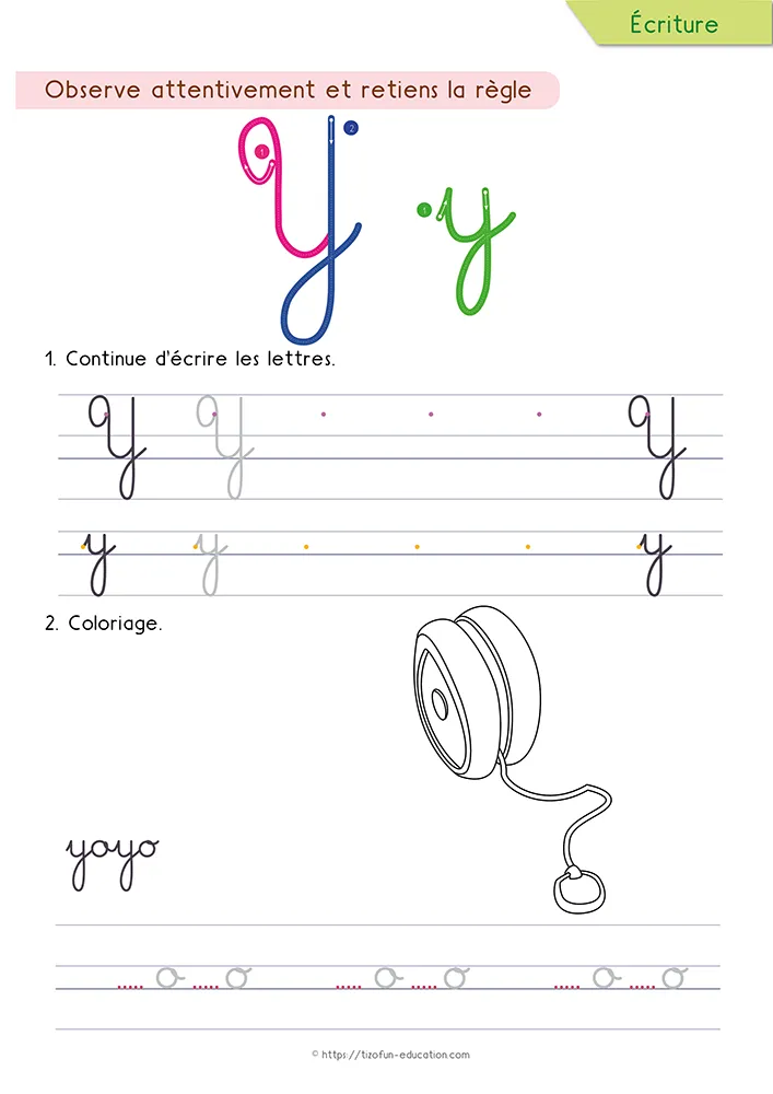 Aperçu de la fiche : le y tracé en cursive avec son jambage, un yoyo à colorier et le mot yoyo sur lignage.