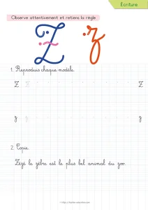 Copier une phrase en cursive avec la lettre Z : la dernière du parcours