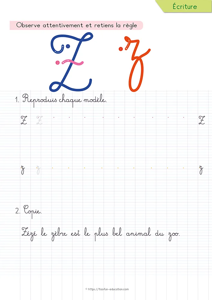 Aperçu de la fiche : le z cursive et sa boucle basse sur lignage Seyès, sous une phrase de dix mots à recopier.