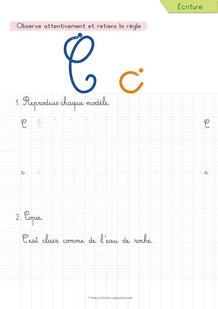 Aperçu de la fiche : le c cursive tracé sur lignage Seyès, sous une expression imagée que l'enfant recopie mot à mot.