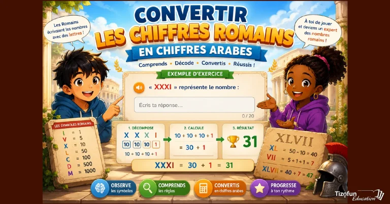 Exercice de numération CM1-CM2 pour convertir les chiffres romains en chiffres arabes