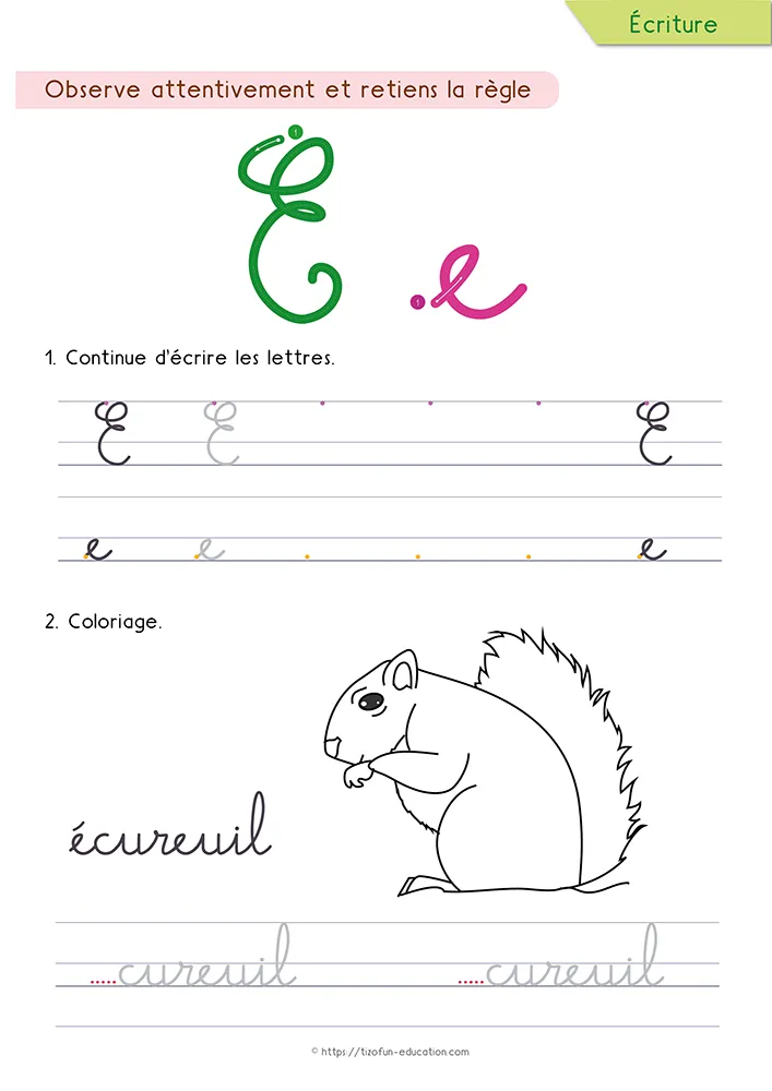 Aperçu de la fiche : la boucle du e en cursive sur lignage, un écureuil à colorier et le mot écureuil à compléter.