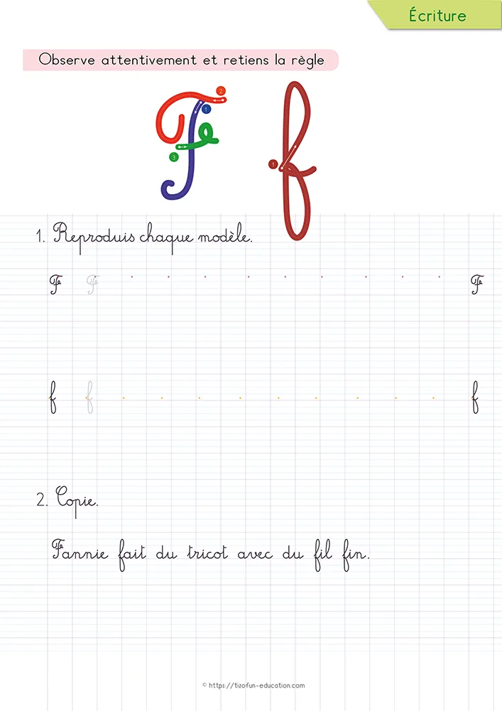 Aperçu de la fiche : le f cursive tracé sur lignage Seyès, sous une phrase que l'enfant recopie en trois morceaux.