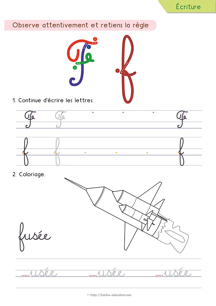 Aperçu de la fiche : le f tracé en cursive à travers trois interlignes, une fusée à colorier et le mot fusée.