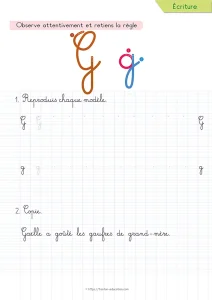 Copier une phrase en cursive avec la lettre G : les gaufres de grand-mère