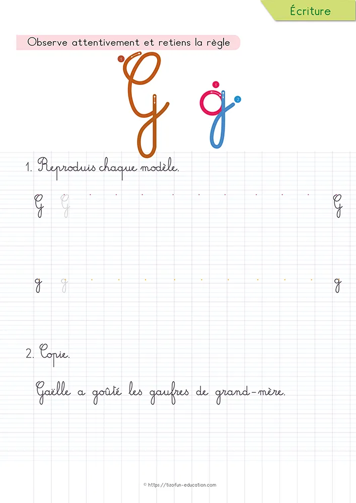 Aperçu de la fiche : le g cursive et sa boucle basse sur lignage Seyès, sous une phrase gourmande à recopier.