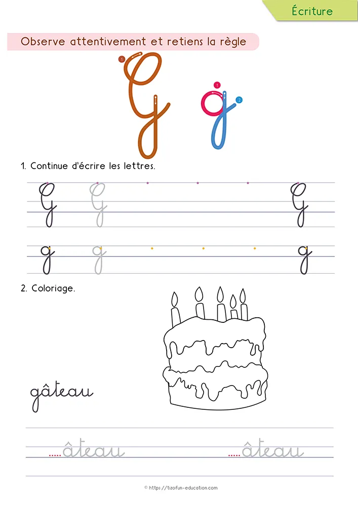 Aperçu de la fiche : le g en cursive avec sa boucle sous la ligne, un gâteau d'anniversaire à colorier et le mot gâteau.