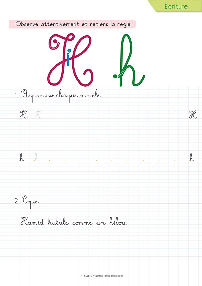 Aperçu de la fiche : le h cursive et son pont bas sur lignage Seyès, sous une phrase courte que l'enfant recopie.