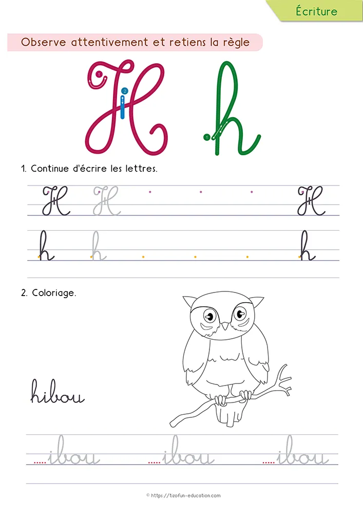 Aperçu de la fiche : le h tracé en cursive avec sa boucle et son pont, un hibou à colorier et le mot hibou.