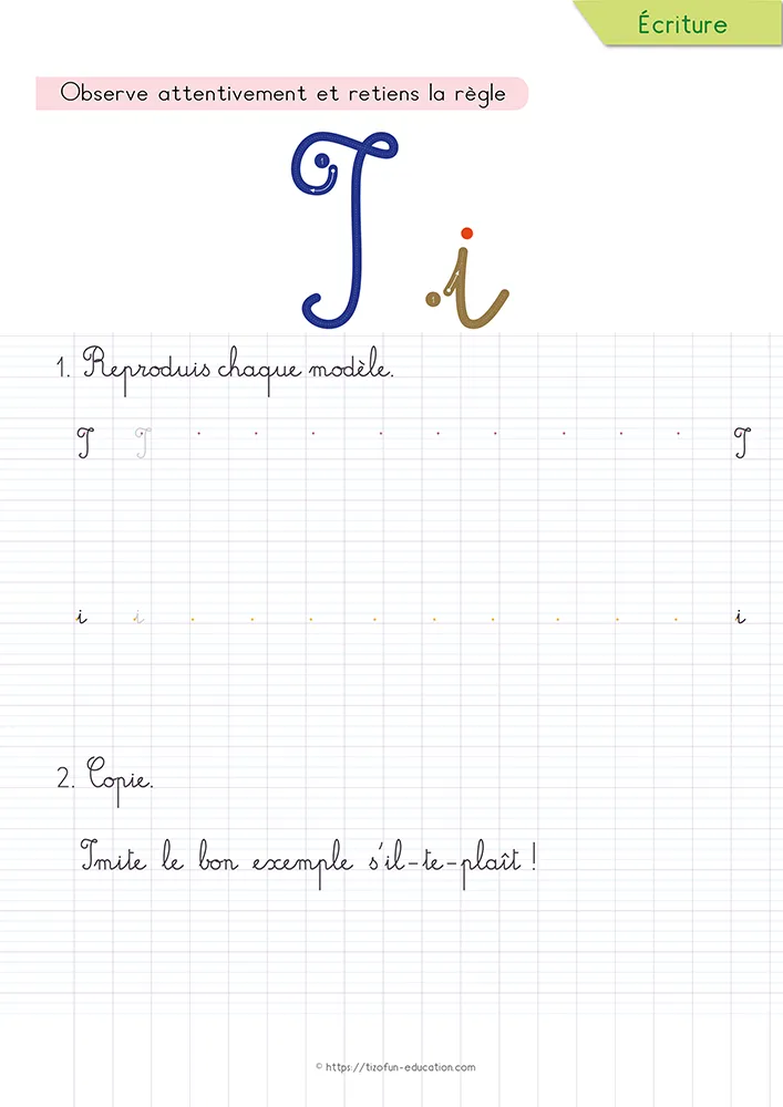Aperçu de la fiche : le i cursive et son point sur lignage Seyès, sous une phrase que l'enfant recopie avec sa ponctuation.