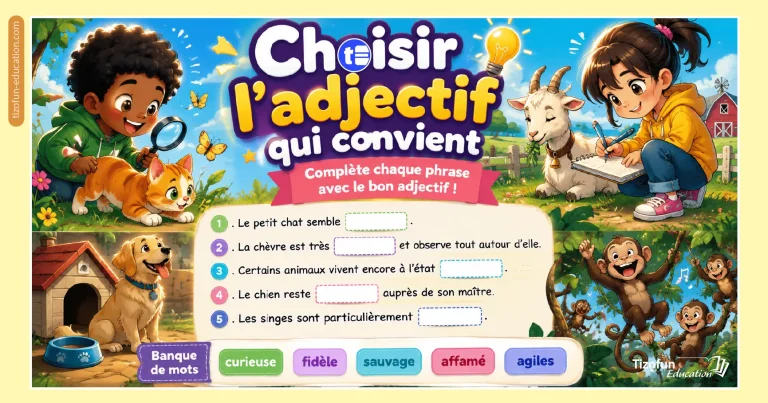 Jeu de grammaire CE1-CE2 pour choisir le bon adjectif et compléter des phrases avec une banque de mots