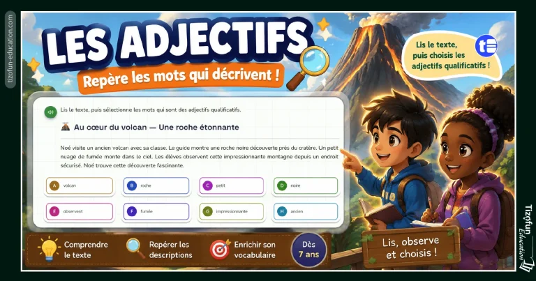 Jeu adjectifs qualificatifs CE1 CE2 - pour aller à la découverte de petits textes passionnants et amuse-toi à repérer les adjectifs qualificatifs qui décrivent les personnes, les animaux, les objets et les lieux.