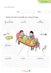 Écrire les mots du réfectoire en cursive : les 7 objets du repas