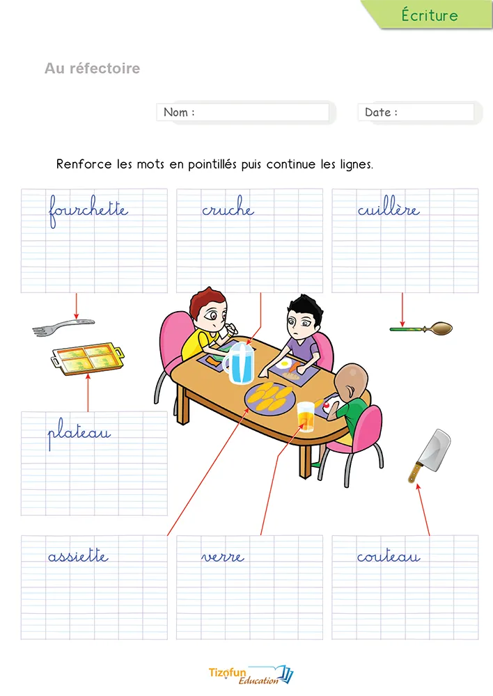 Aperçu de la fiche pour écrire les mots du réfectoire en cursive : sept mots en pointillés à renforcer sur lignage Seyes.