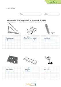 Écrire les mots de la classe en cursive : 6 outils scolaires