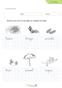 Écrire les mots de la piscine en cursive : 6 mots du bassin