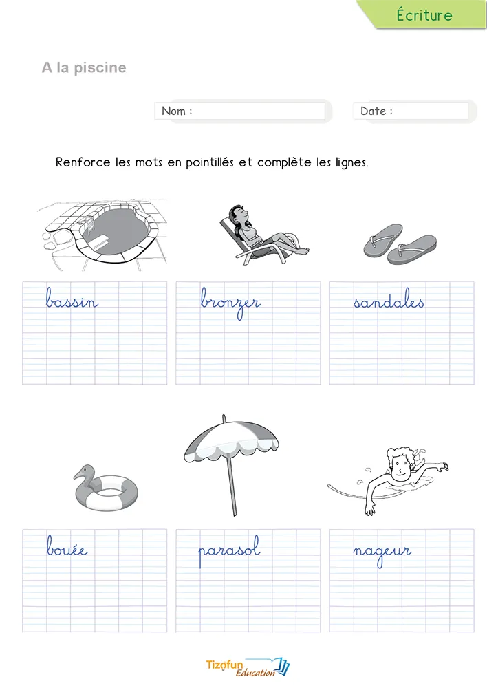 Aperçu de la fiche pour écrire les mots de la piscine en cursive : six mots de l'été en pointillés sur lignage.