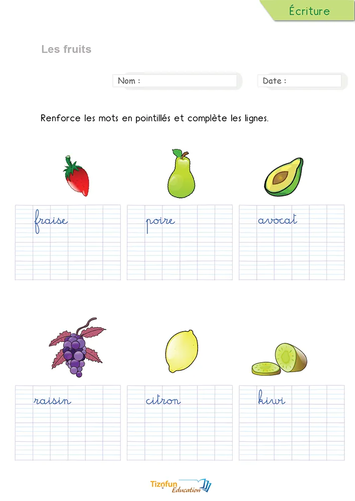 Aperçu de la fiche pour écrire les mots des fruits en cursive : six noms de fruits en pointillés sur lignage.