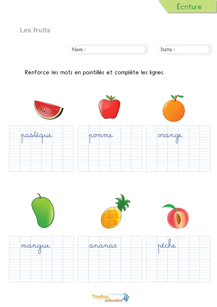 Aperçu de la fiche pour écrire les noms de fruits en cursive CP CE1 : pastèque, pomme et ananas en pointillés.