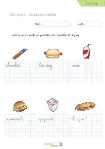 Écrire les mots du casse-croûte en cursive : sandwich, burger…