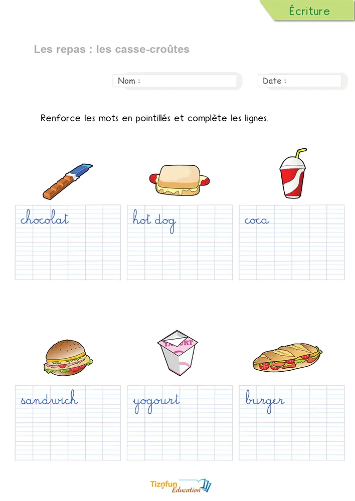 Aperçu de la fiche pour écrire les mots du casse-croûte en cursive : six aliments en pointillés sur lignage.