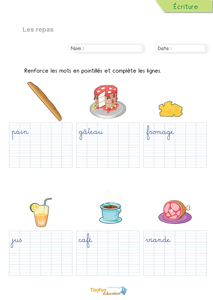 Aperçu de la fiche pour écrire les mots du repas en cursive : pain, fromage et gâteau en pointillés.