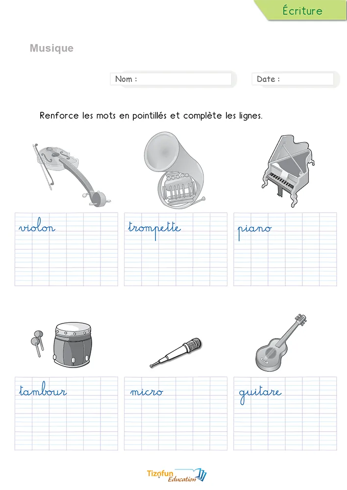 Aperçu de la fiche pour écrire les mots de la musique en cursive : six instruments en pointillés sur lignage.