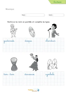 Écrire les instruments de musique en cursive : guitariste, cymbale…