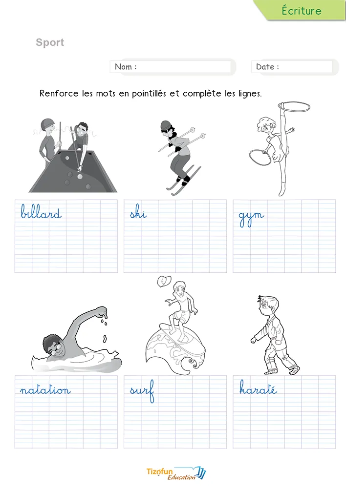 Aperçu de la fiche pour écrire les mots du sport en cursive : six noms de sports en pointillés sur lignage.