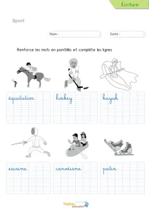 Écrire les sports en cursive : équitation, kayak, escrime…