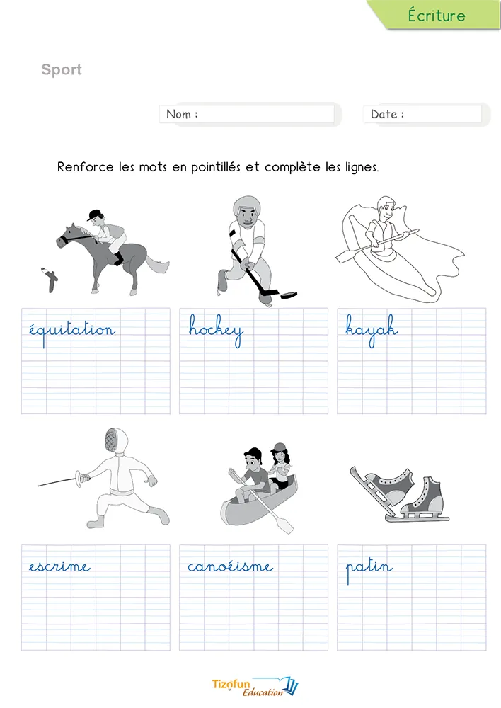 Aperçu de la fiche pour écrire les sports en cursive CP CE1 : équitation, kayak et escrime en pointillés.