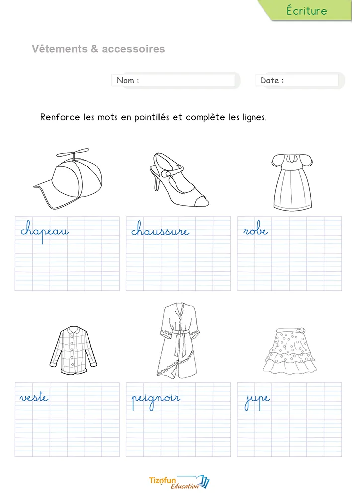 Aperçu de la fiche pour écrire les mots des vêtements en cursive : six vêtements en pointillés sur lignage.