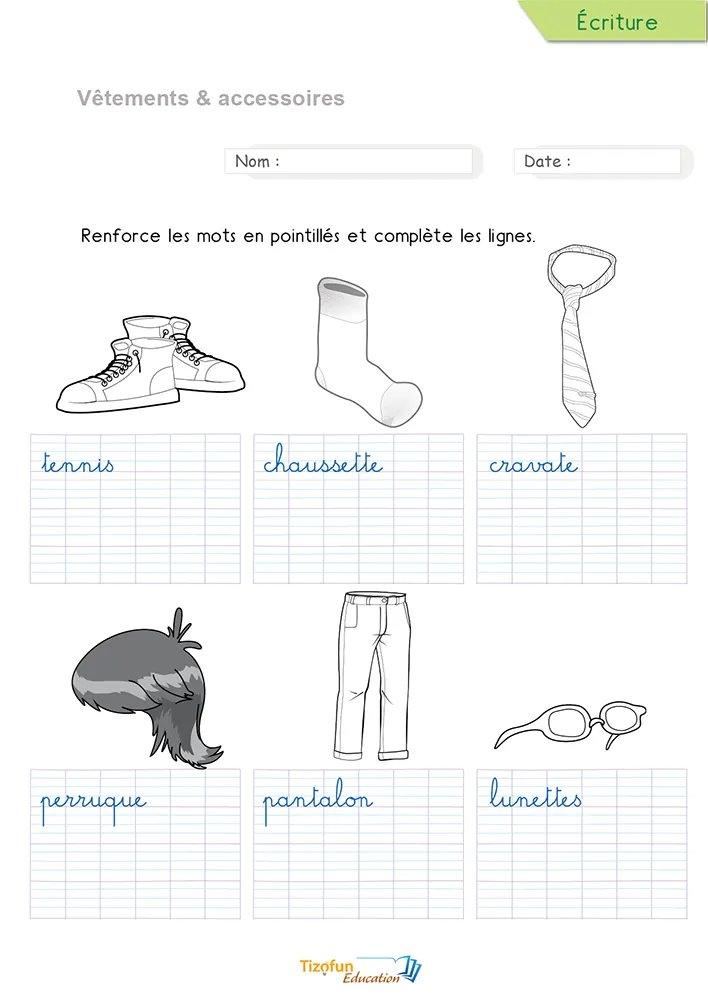 Aperçu de la fiche pour écrire les accessoires et vêtements en cursive : lunettes, cravate et chaussette en pointillés.