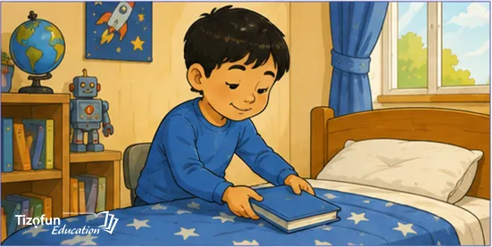 Il pose le livre sur le lit