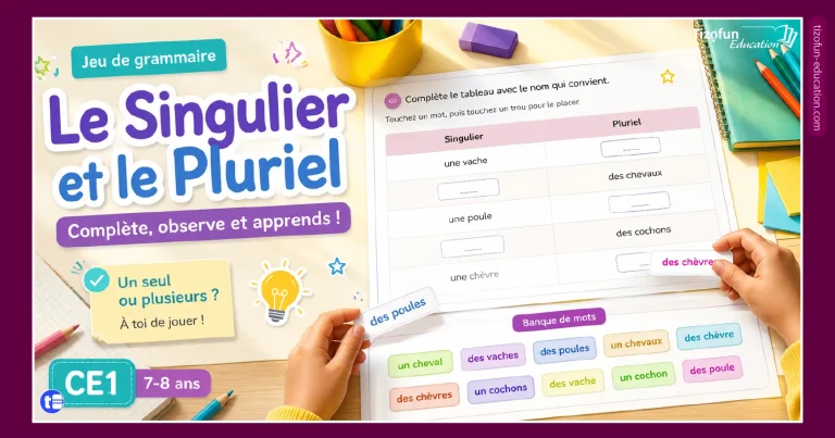 Jeu singulier et pluriel CE1 : complète des tableaux et apprends à identifier le nombre des noms avec des exercices de grammaire.