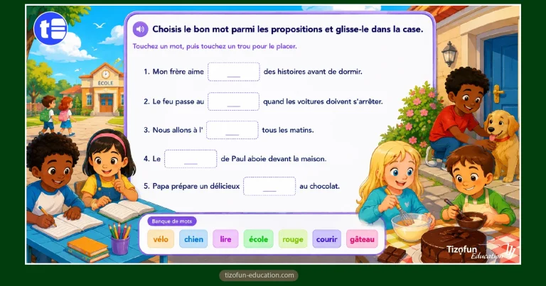 Jeu phrase - Complète les phrases avec le mot qui convient ! Cet exercice de français aide les élèves de CE1 et CE2 à comprendre le sens des phrases, enrichir leur vocabulaire et choisir le bon mot selon le contexte.