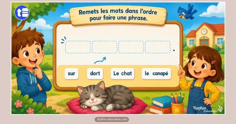 Jeu pour remettre les mots dans le bon ordre pour construire des phrases correctes. Un jeu de Français CE1 pour travailler l'ordre des mots, la majuscule et la ponctuation.