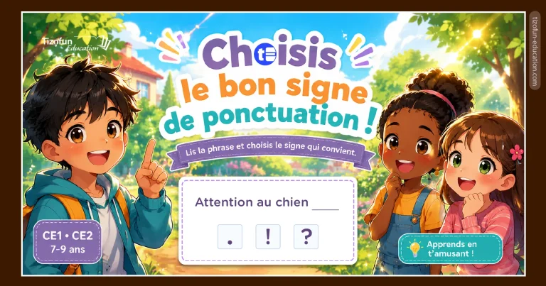 Jeu pour apprendre à choisir le bon signe de ponctuation à la fin d'une phrase : point, point d'interrogation ou point d'exclamation.