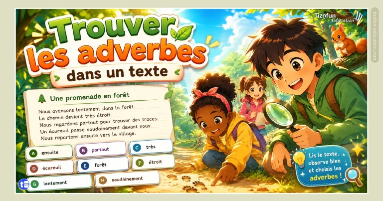 Jeu éducatif pour trouver les adverbes dans un texte avec des exercices de français interactifs