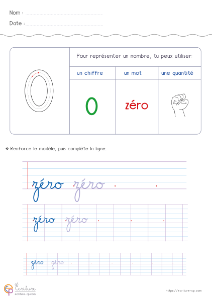 Nombres de 0 à 10 en lettres : 11 fiches en cursive — GS · CP · CE1 — aperçu 1
