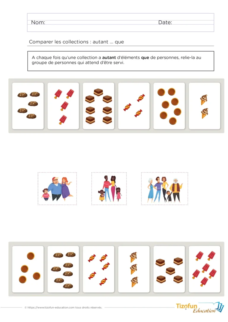 Exercice maternelle CP - comparer et se servir du vocabulaire mathématique autant que - partager selon les critères de taille