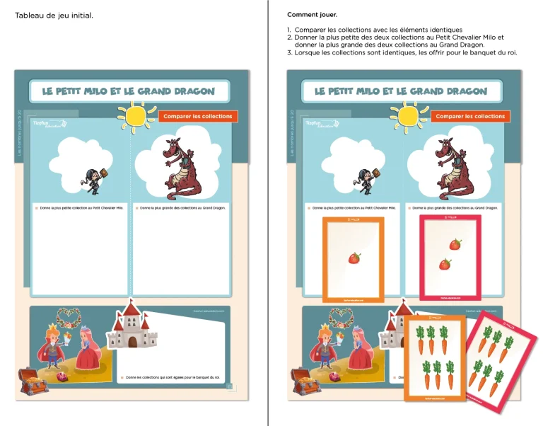 Jeu pour apprendre aux enfants à comparer dès la maternelle et au CP - Jeu de comparaison Milo et le Grand Dragon
