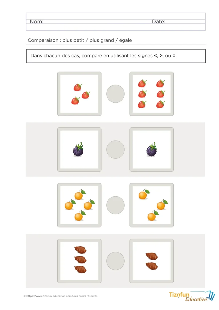 Fiche pour apprendre à comparer les collections avec les signes.