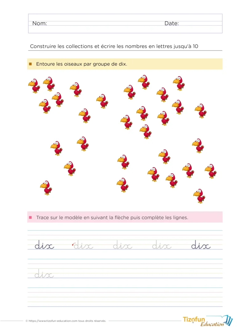 Écrire les nombres de 1 à 10 en lettres : 20 fiches — GS · CP — aperçu 2