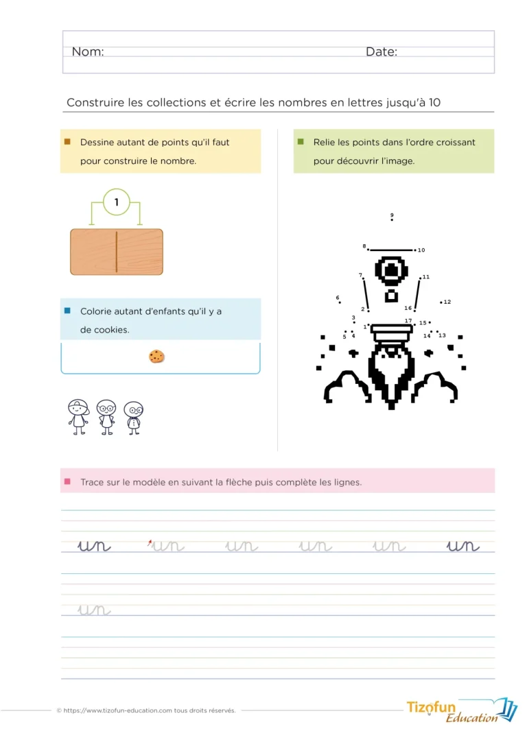 Fiche d'activité de maternelle et CP pour apprendre à construire des collections équipotentes et écrire les nombres en lettre