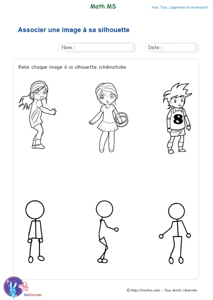 Exercice de math Maternelle MS - logique : associer un personnage à sa silhouette simplifiée