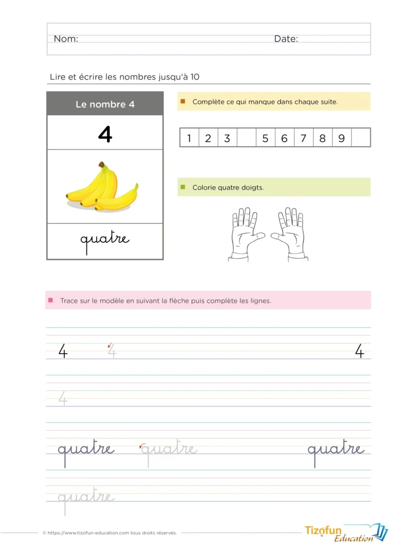 Fiche d'activité pour apprendre les représentations du nombre - consuitre le nombre et connaitre la suite des nombres jusqu'à 10 - lire et écrire les nombres