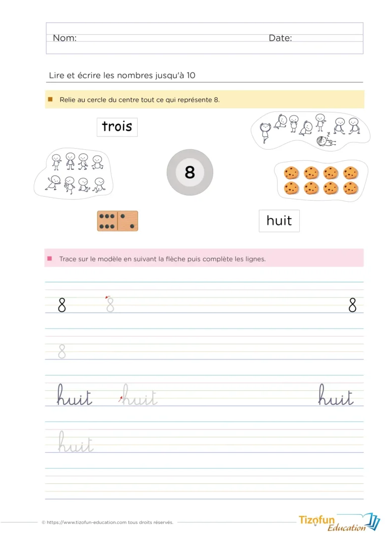 Exercise pour apprendre à écrire les nombres en chiffres et en lettres en maternelle et CP - reconnaitre les écritures du nombre et le lire