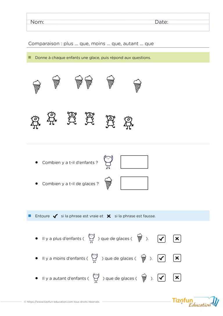 exercices vocabulaire mathématique : moins que, plus que, autant que ou égale