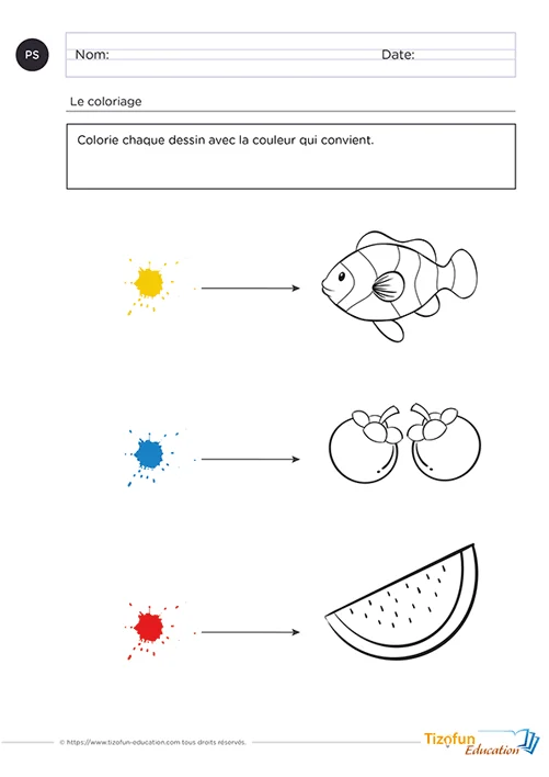 Exercice maternelle pour apprendre les couleurs en PS